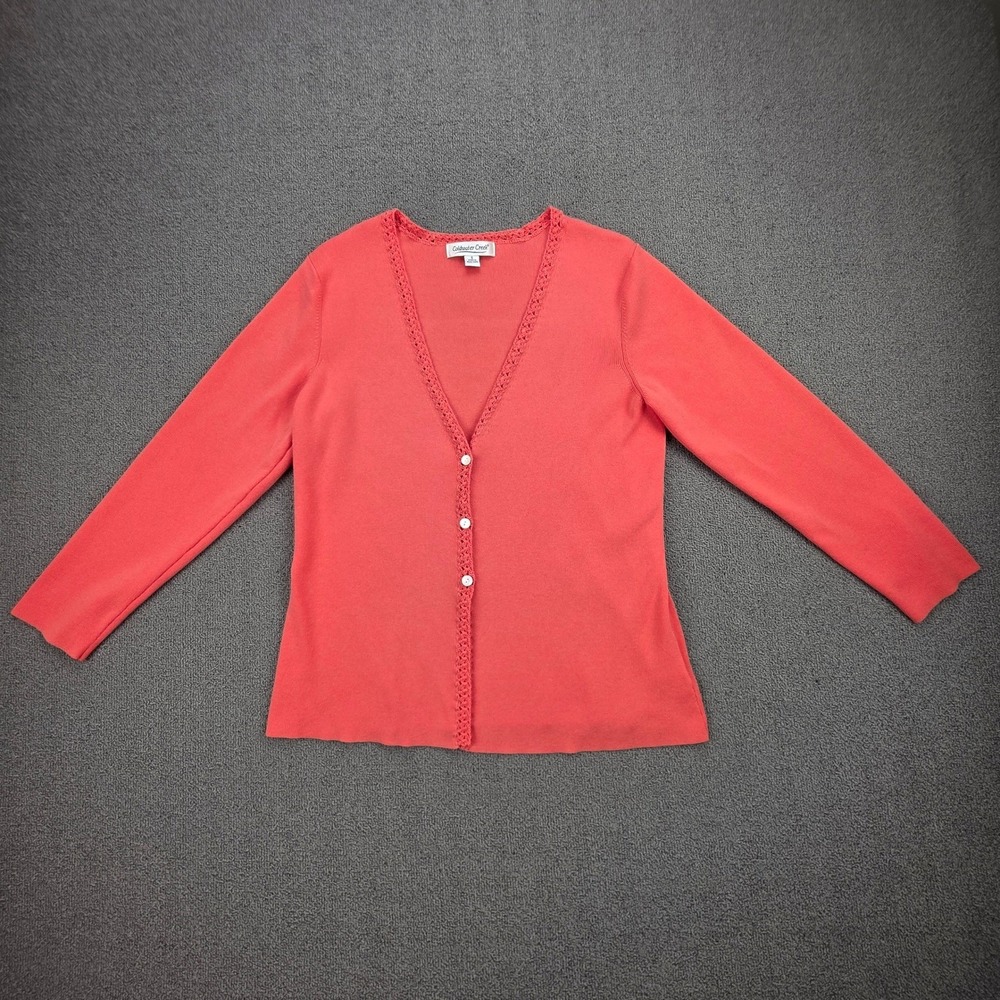 Coldwater Creek Crochet Trim Cardigan Sweater Women Coral V-Neck Button Front S